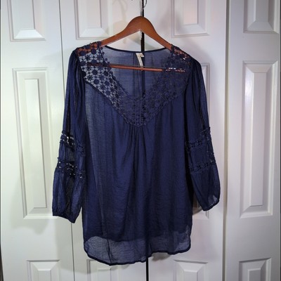 Navy XL Grand & Greene Chiffon Sheer Open Lace Blouse Work Summer Breezy Light 
