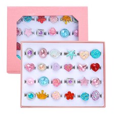 24pcs Little Girl Jewel Rings, Adjustable, No Duplication Kids Play Ring in Box