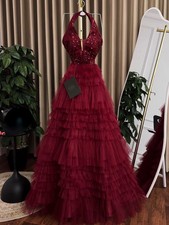 Evening Dresses Burgundy Prom Dresses Halter Layers Tulle with Beading Sequins
