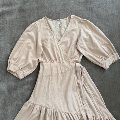 FP Free People Beige Cotton Linen Puff Sleeve Wrap Midi Dress Ruffle Tie M