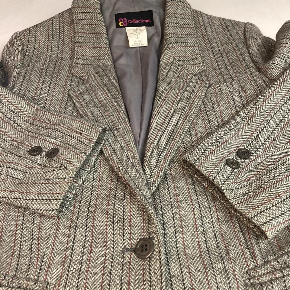Blazer Mujer Corporativo Vintage Años 80 Talla 7 Gris Tweed Mezcla Lana Forrado Desplazado Foto 4 de 4