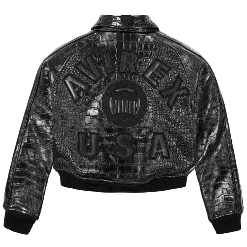 Avirex Black USA Cropped Icon American Women Bomber Croc Embossed Leather Jacket