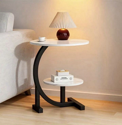 Round White Marble-Look 2-Tier End Side Table, Black Metal Base, Storage
