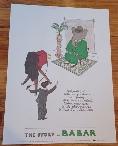 VINTAGE 1985 BABAR THE ELEPHANT, Well Satisfied POSTER 24 x 18 Nursery Library - Picture 1 of 4