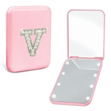 Personalized Pocket Mirror with Lights Travel Accessories Cute Pink 2-Sided L...