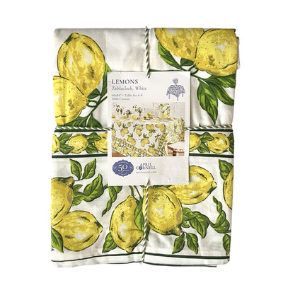 APRIL CORNELL 60x84 Oblong Tablecloth White Yellow Lemons 100% Cotton Farmhouse
