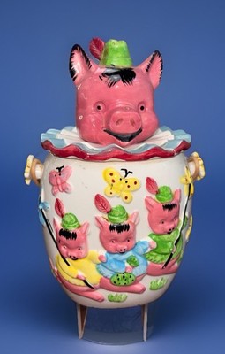 Vtg LIPPER AND MANN THREE LITTLE PIGS BISCUIT COOKIE JAR WICKER Lid Repaired