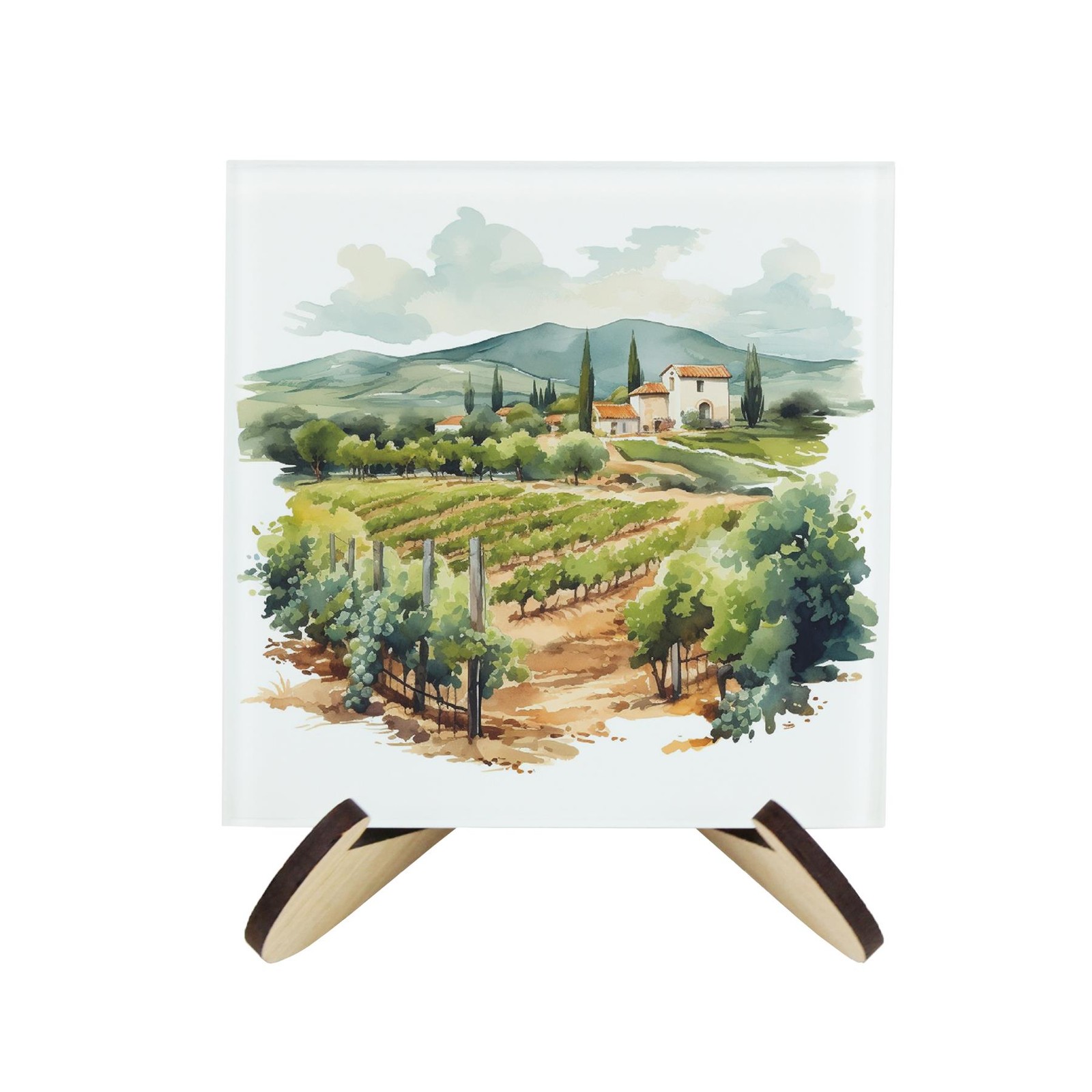Vineyards Glass Coaster Set - French/Italian Landscapes Set of 4 Gift with Stand