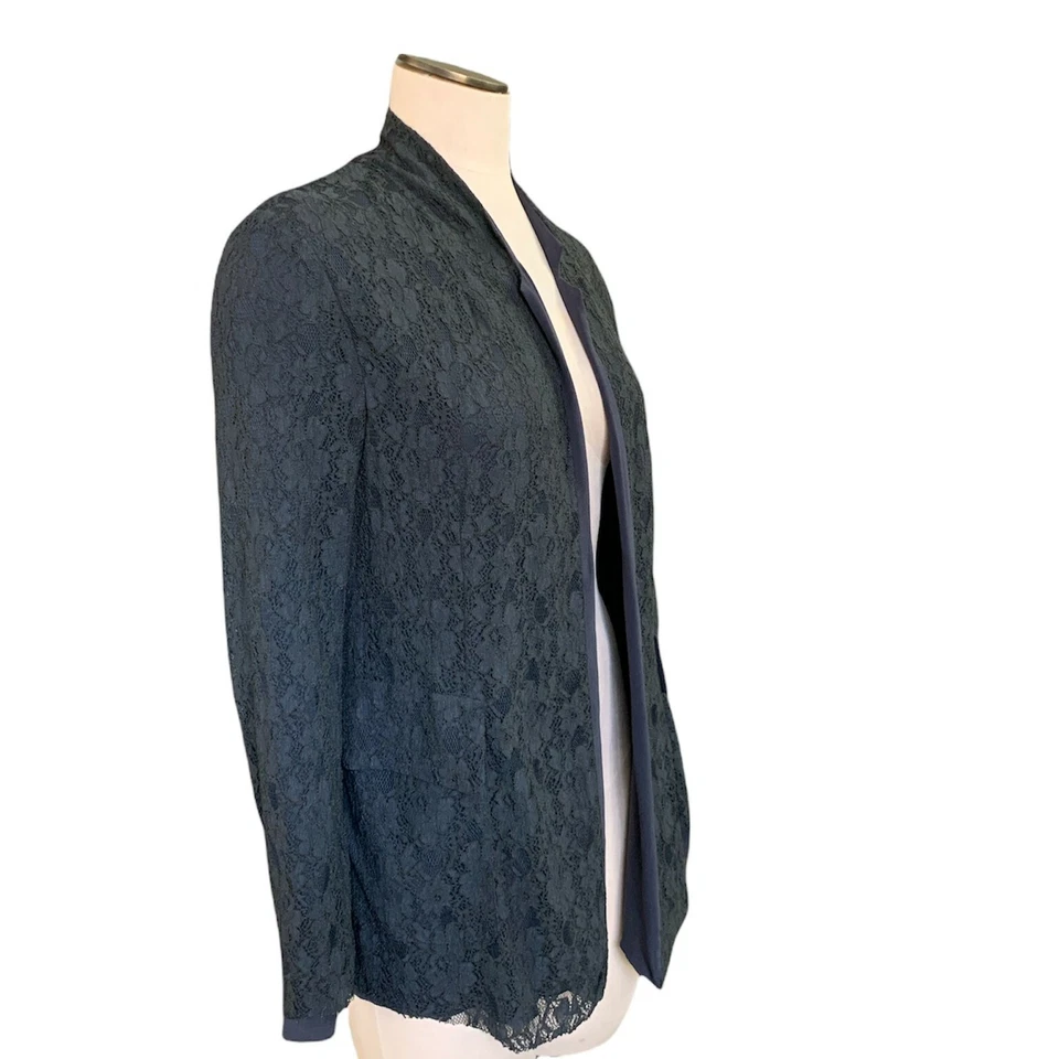 Les Copains Wm Italy Sz 44 US 8 Silk Blend Lace Blazer Jacket Pockets Gray 9i - Image 3 of 4