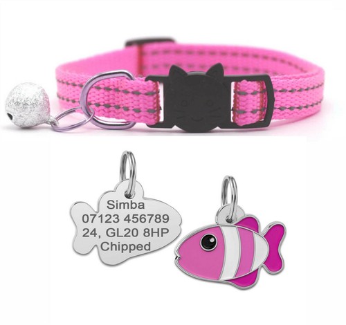Reflective Striped Cat Collar with Bell & Personalised Engraved Fish Tag ID - Picture 16 of 19