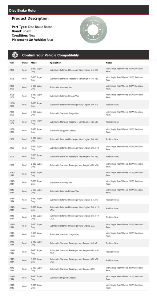 Rotor de freno de disco trasero Bosch QuietCast 2009 para Ford E-350 Super Duty 2008-2019 Foto 2 de 4