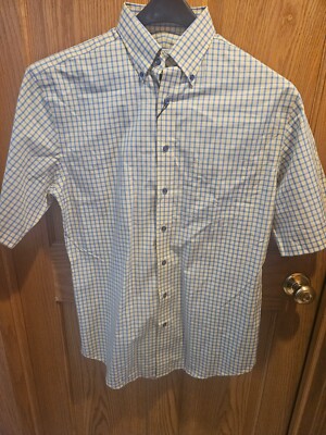 SIZE M COOPER & STUART (NEW) Yellow, Blue Checked Short Slv. Dress Shirt Lot 643