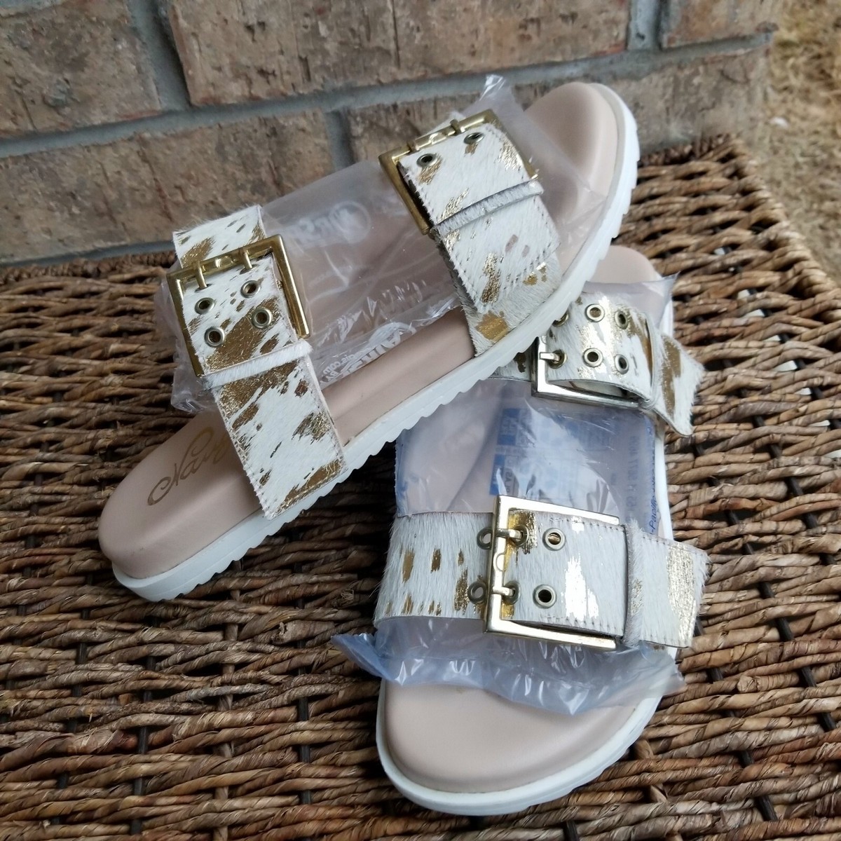 Naughty Monkey White Gold Animal Print Buckle Slide Comfort