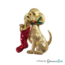 Vintage Gerry's Puppy Dog Holding Red Christmas Stocking Gold Tone Brooch Pin