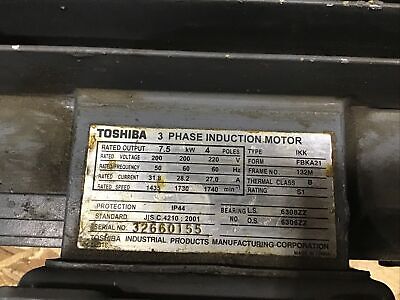 Toshiba Induction Motor 3 PH 7.5 kw 1435/1740 rpm 200/220V Toshiba Induction Motor 3 PH 7.5 kw 1435/1740 rpm 200/220V
