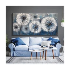 Pogusmavi Dandelion Wall Art Blue Wall Decor Painting Living Room Plant Pictu...