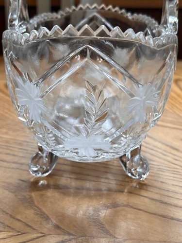 KRISTALL 7 3/4" GESCHLIFFENER KRISTALL GEÄTZTER GLASKORB MIT FUSS SÄGEZAHNRAND BLATT FLORAL - Bild 7 von 9