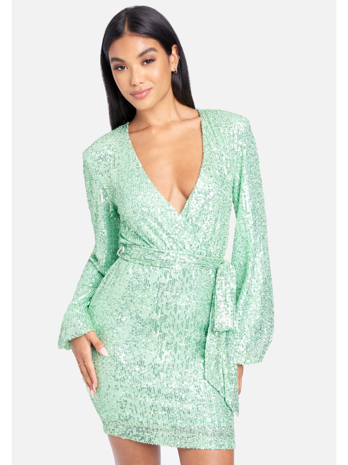 Женское зеленое короткое платье BEBE с поясом-галстуком и рукавом на подкладке S