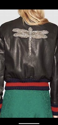 100% Authentic GUCCI ￼embroidered Dragonfly Bomber leather Jacket