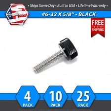 #6-32 x 5/8" Thumb Screw Stainless Steel - Black Round Knurled Knob - USA