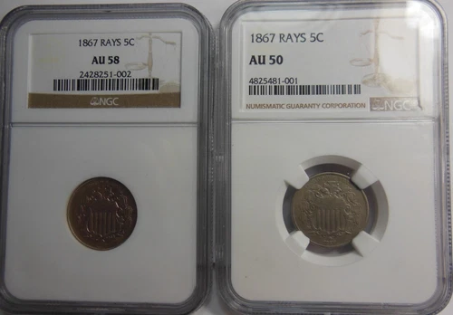 PAIR OF 1867 SHIELD NICKELS, RAYS, RARE CLASHED DIE REVERSE, FS-05-1867-901, NGC