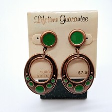 Vintage Made in USA Copper Tone w/Green Enamel Dangle Pierced Earrings Boho