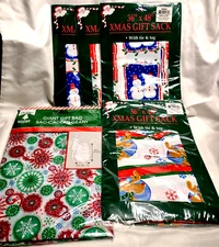 5 Christmas Giant Gift Bags NIP (4) 36"x 48", (1) 36" X 44" w Ties & Tags