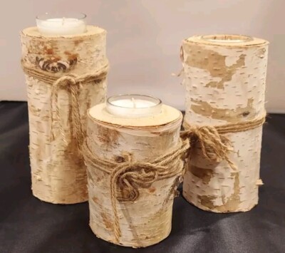 Natural Weathered Birchwood Log Candle Holder Set of 3 
