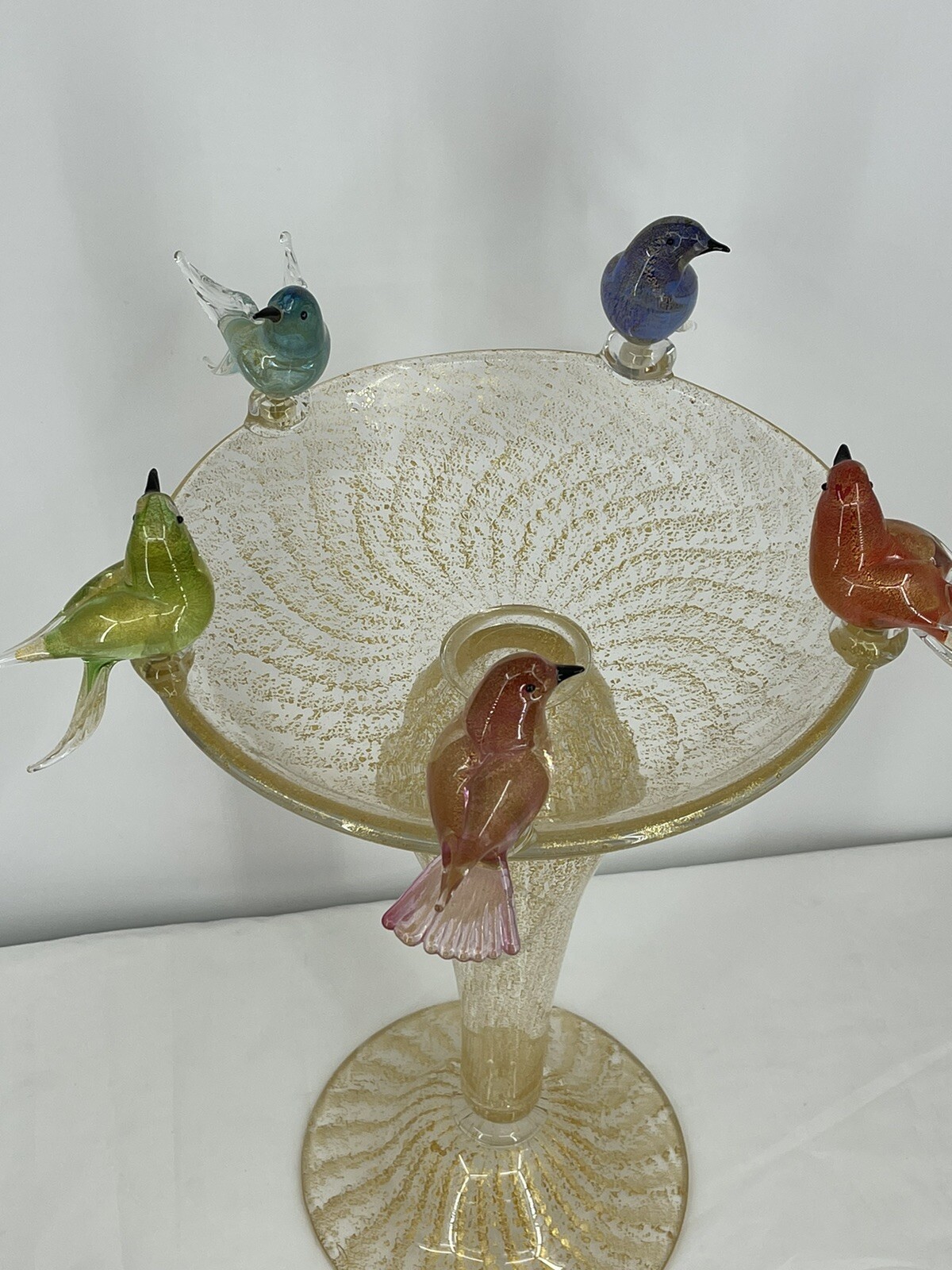 Murano Art Hand Blown Glass Bird Bath (5) Birds Gold Flakes Authentic