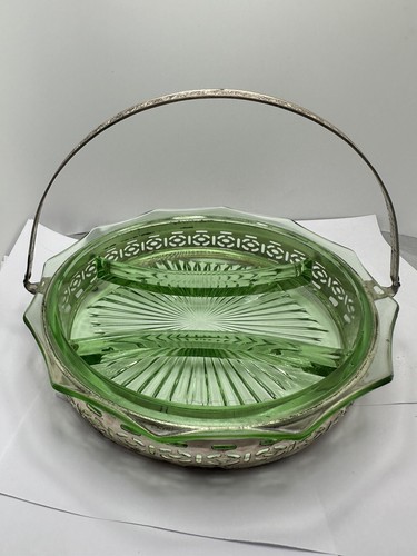 Depression Glass Antique Green Divided Section Dish Plate Holder 9.5" mcm VTG - Bild 5 von 13