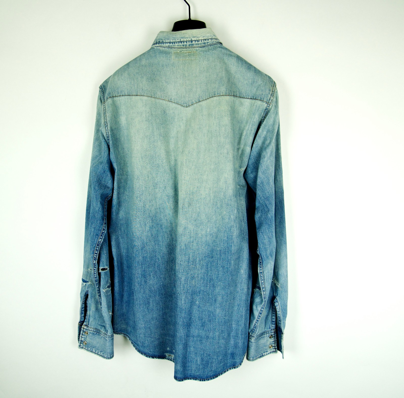 Camicia SAINT LAURENT Paris blu denim western manica lunga distrutta XL X Large