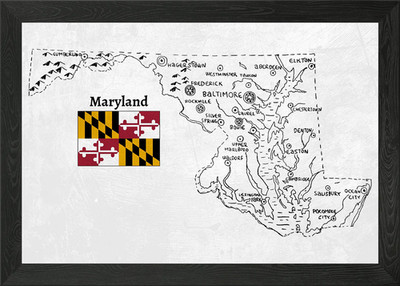 Hand Drawn Map of Maryland Framed Wall Art Poster Canvas Print Picture