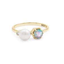 Natural Fire Opal Gemstone Gold Plated Sterling Silver Band Ring Pearl Jewelry