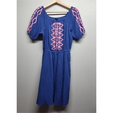 Talbots Mini Dress Women Size MP Blue Embroidered Short Sleeve Bohemian Casual