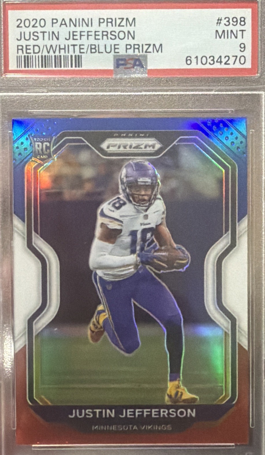 2020 Panini Prizm Justin Jefferson #398 Red/White/Blue Rookie PSA 9 Vikings
