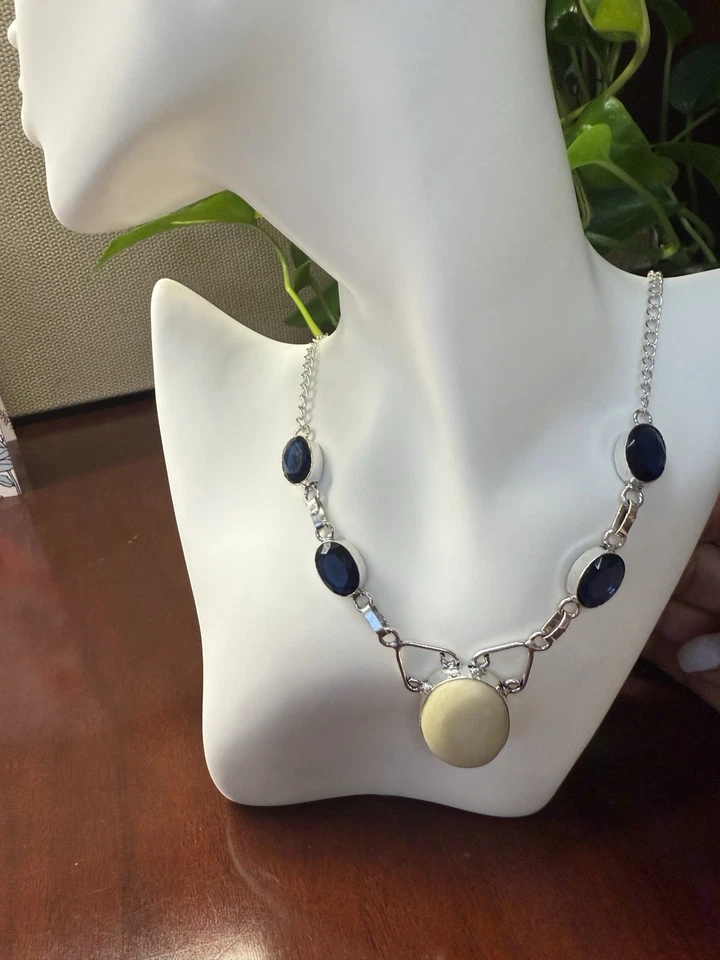 Silver Boho Necklace w/ Bone Stone Center & Sapphire Glass Accent Stones - Image 4 of 4