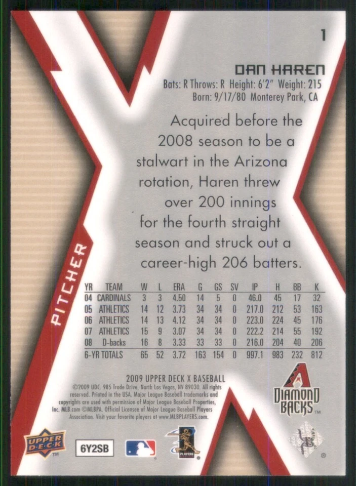 2009 Upper Deck X #1 Dan Haren Arizona Diamondbacks 50444 - Image 2 of 2