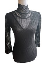 Black Lace Mock Neck Sheer Blouse with Button Accents, 3/4 Sleeves