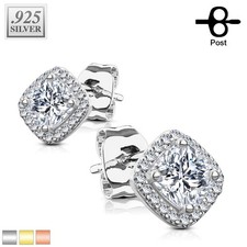 .925 Sterling Silver Stud Earrings/CZ Paved Square with Cushion CZ Center