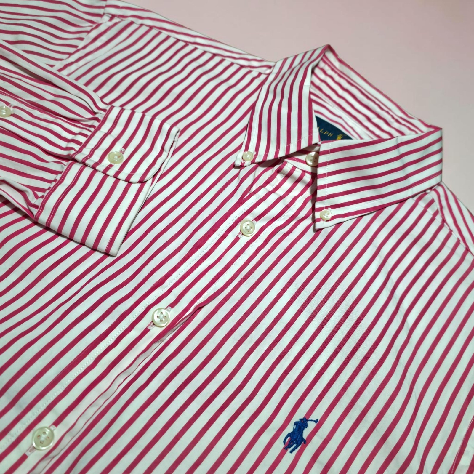 Ralph Lauren Mens Long Sleeve Button Down Shirt Red White Blue Pony Size Medium