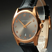  MINT Hamilton Jazzmaster H385410 42mm Gray Dial Date Gold Qz Men's Watch