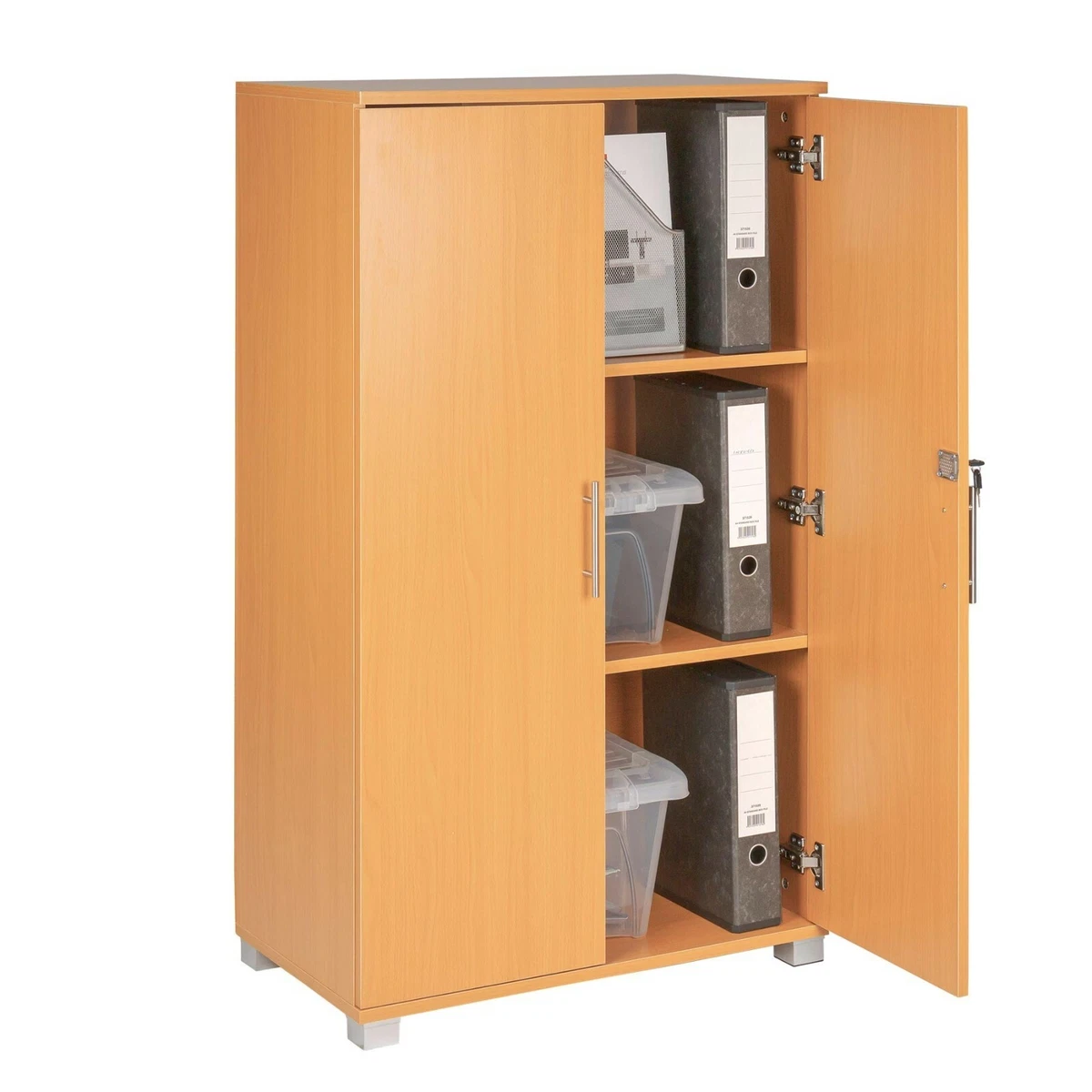 Storage Cabinet 2 Door Locking Beech Office Home 3 Shelf Filing Bookcase 120cm