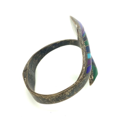 Vintage Taxco Silver, Malachite, Lapis, Azurite, Onyx Inlay Hinged Bracelet Sz 6 - Picture 5 of 8