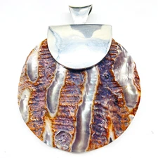 Large Shell Disc Pendant Silver Tone Abalone Mother of Pearl Chunky Beach Island