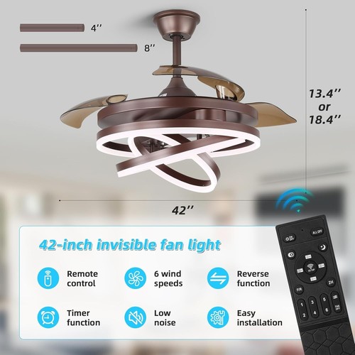 42" Modern LED Retractable Chandelier Invisible Ceiling Fan Light Lamp w/ Remote - Picture 6 of 6