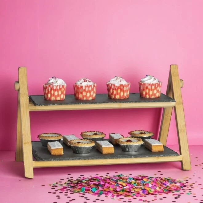 Cake Stand 2-Tier Slate Cupcake Display Rack Afternoon Tea Charcuterie Board - Image 4 of 4