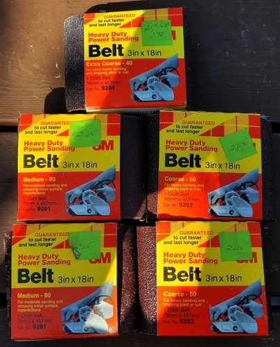 Lot of 5 - 3M Cloth Sanding Belts 3 x 18 - 40 50 & 80 Grit 9261 9262 9284