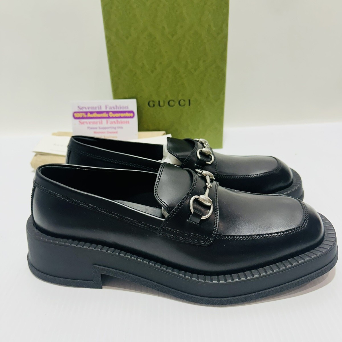 Gucci Horsebit Chunky Loafers Lug Sole Black Leather Shoes G 