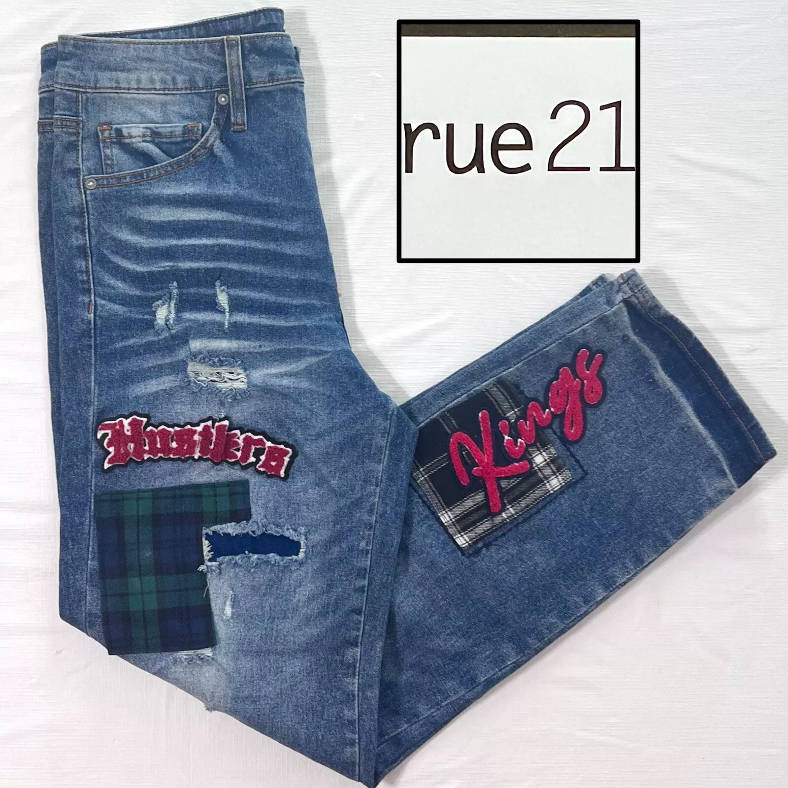 Pantalon jean denim vieilli 30 x 30 neuf avec étiquette RUE21 homme Supreme Flex ample patchs