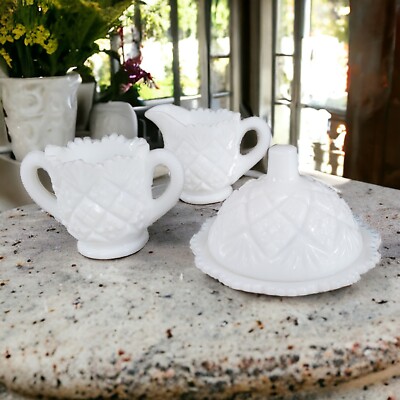 Westmoreland Children's Milk Glass Mini  Domed Butter Dish Creamer & Sugar Bowl